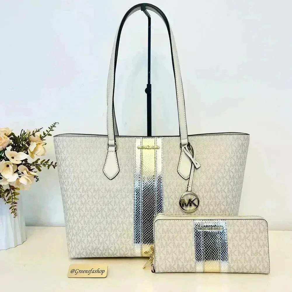 Michael Kors Purse & Wallet Sheila Large Signature & Metallic Tote Bag Pale Gold